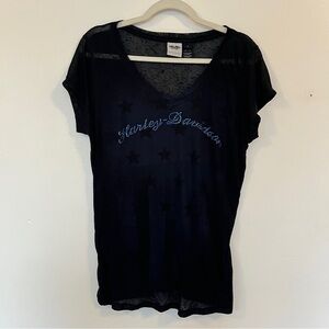 Harley-Davidson Black T-Shirt Large Blue Bling Flag Stars Top Shirt V Neck Hog